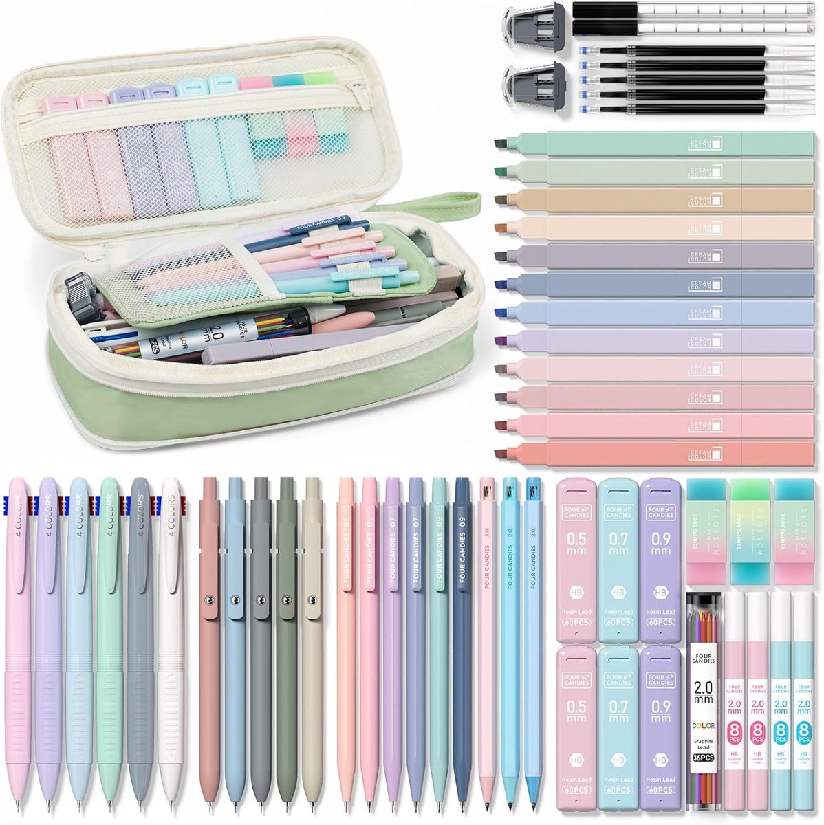 SnelShoppen - Aesthetic School Supplies Set 56 Stuks met Pencil Case, Multicolour Pens, Pastel Highlighters, Gel Pens, Mechanische Potloden en Meer vo