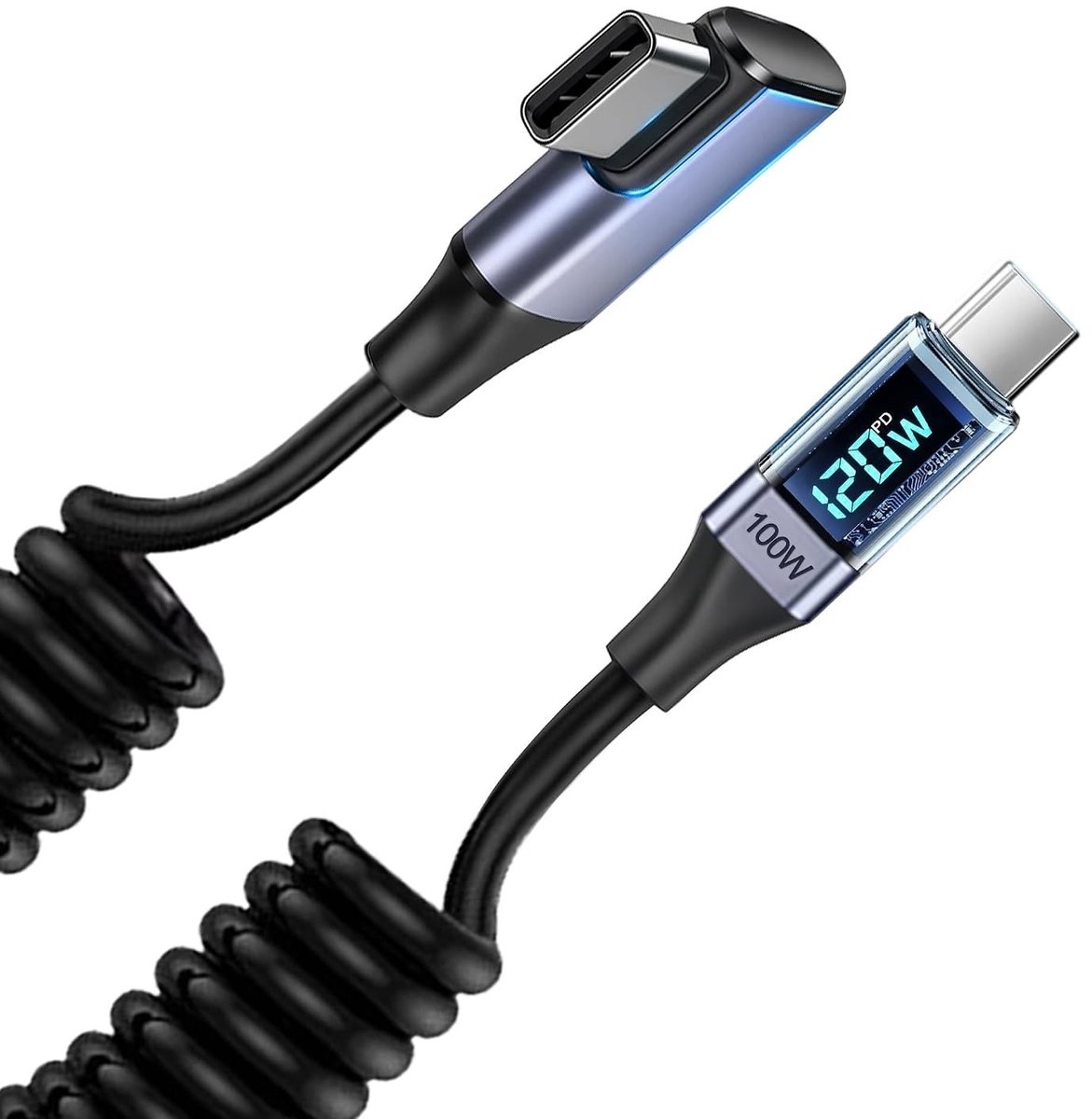 USB-C naar USB-C Oplaadkabel 100W met LED-display, Uitschuifbare Spiraalkabel van 35 cm tot 1.8 m, Duurzaam en Antiknoop Ontwerp voor Auto en Thuisgebruik