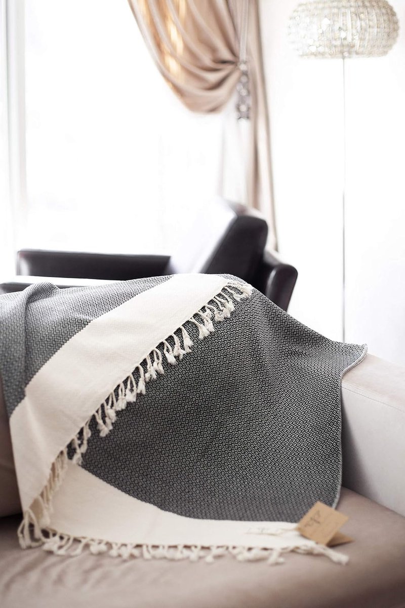SnelShoppen - SMYRNA Turkse Katoenen Gooi Deken Vintage Serie 127 x 152 cm, Buiten Dekens, Plaids voor Bank, Bed, Stoel, Strand, Picknick, Reizen, Zwa