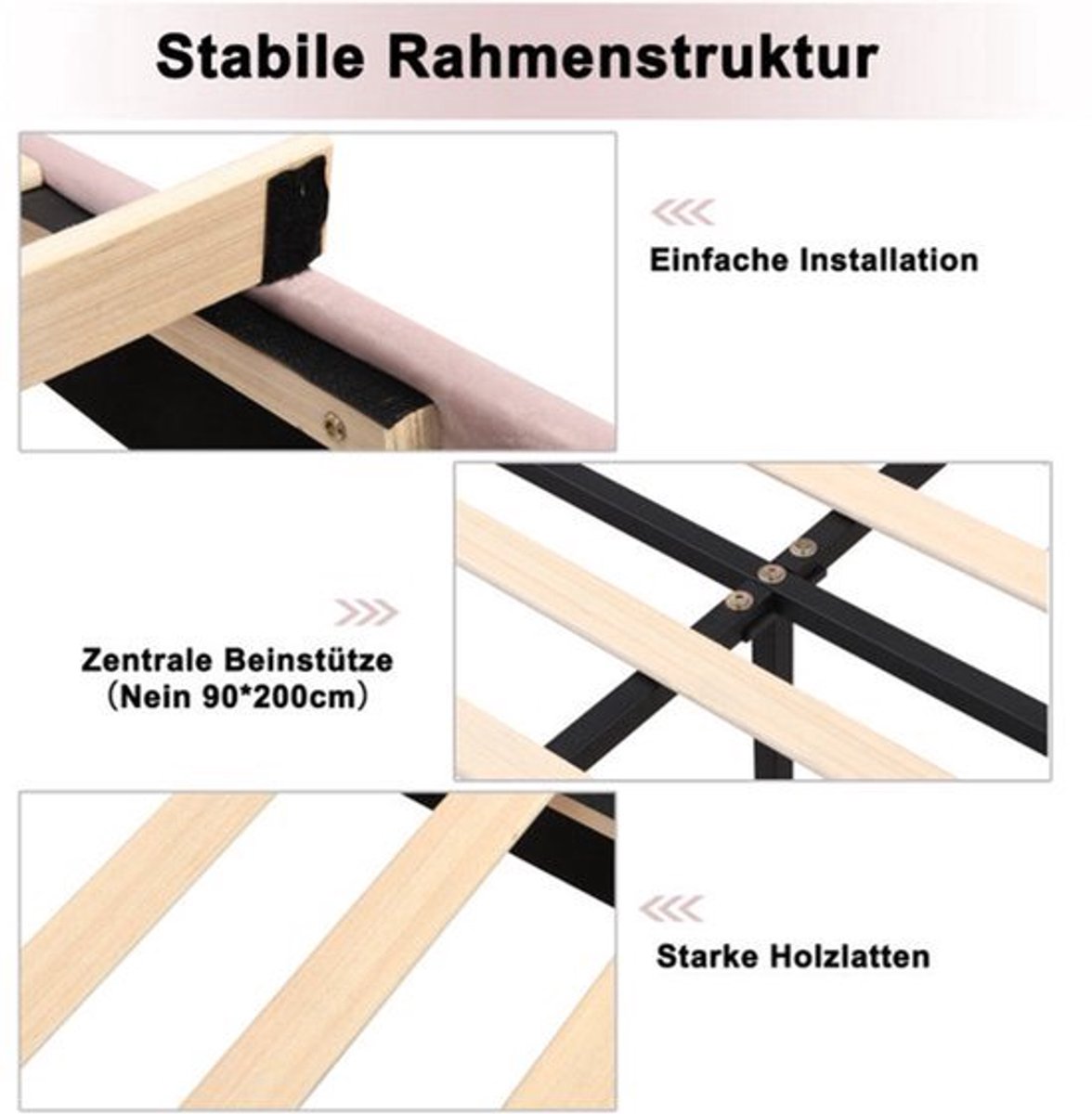 Bed – Eenpersoonsbed – Slaapbed – Ledikant – Gestoffeerd Bed – Roze Velvet – Verstelbaar Hoofdeinde – Houten Lattenbodem