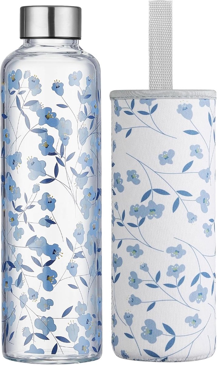 SnelShoppen - Glazen waterfles 1000 ml, artistieke drinkfles met lekvrij deksel, borosilicaat met beschermhuls, ideaal voor thuis, op kantoor, sport e