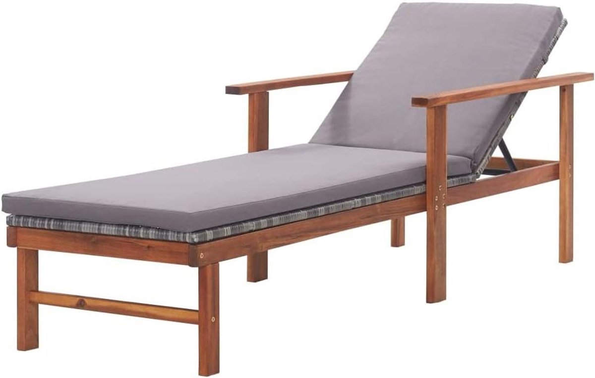 Ligstoel met kussen - Zonnebank tuin - Buiten relaxen - Acaciahouten frame - 200 x 55 cm - Grijs