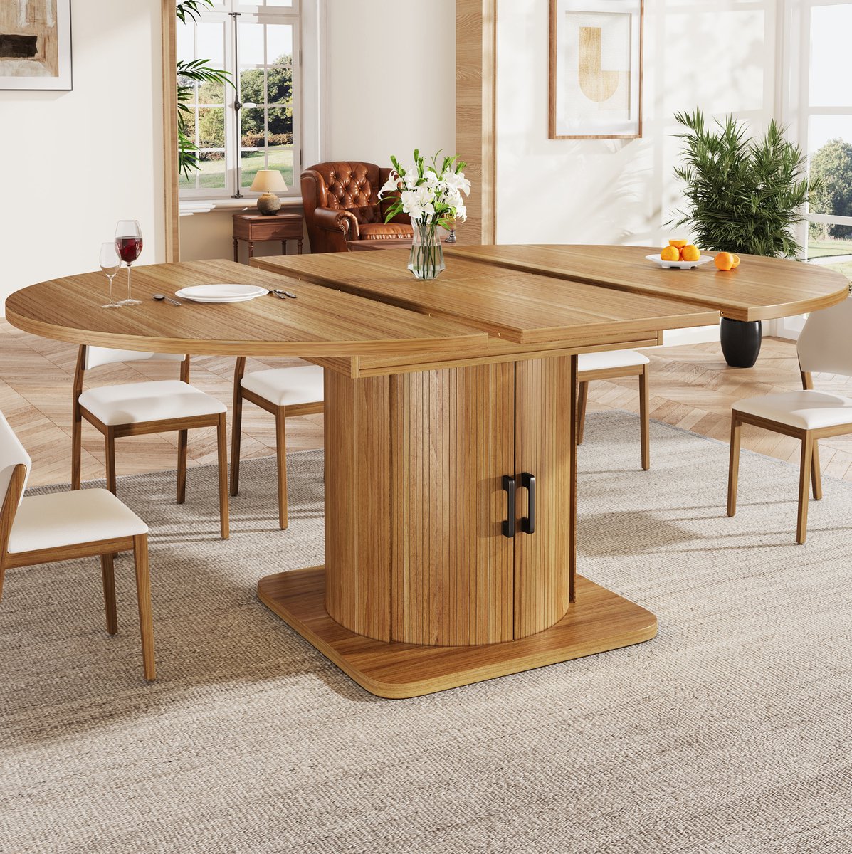 DESMIU Eettafel - Uitschuifbaar Van Rond Naar Ovaal Met Opbergruimte En Lade - Voor Eethoek En Woonruimte - MDF - 118x118x76 Cm - Zwartbruin donkerbruin