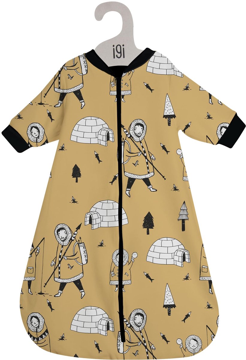 SnelShoppen - Omkeerbare Baby Slaapzak Peutermode - Unisex - GOTS-gecertificeerd Organisch Katoen - Geel met Igloo-print - 6-18 Maanden