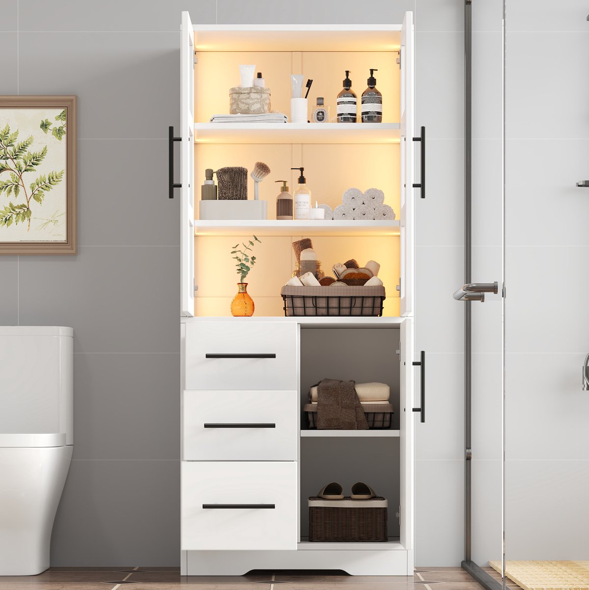 MODENUIT Badkamerkast - LED-Verlichting En 3 Lades - Voor Badkamer - MDF En Glas - Wit - 7