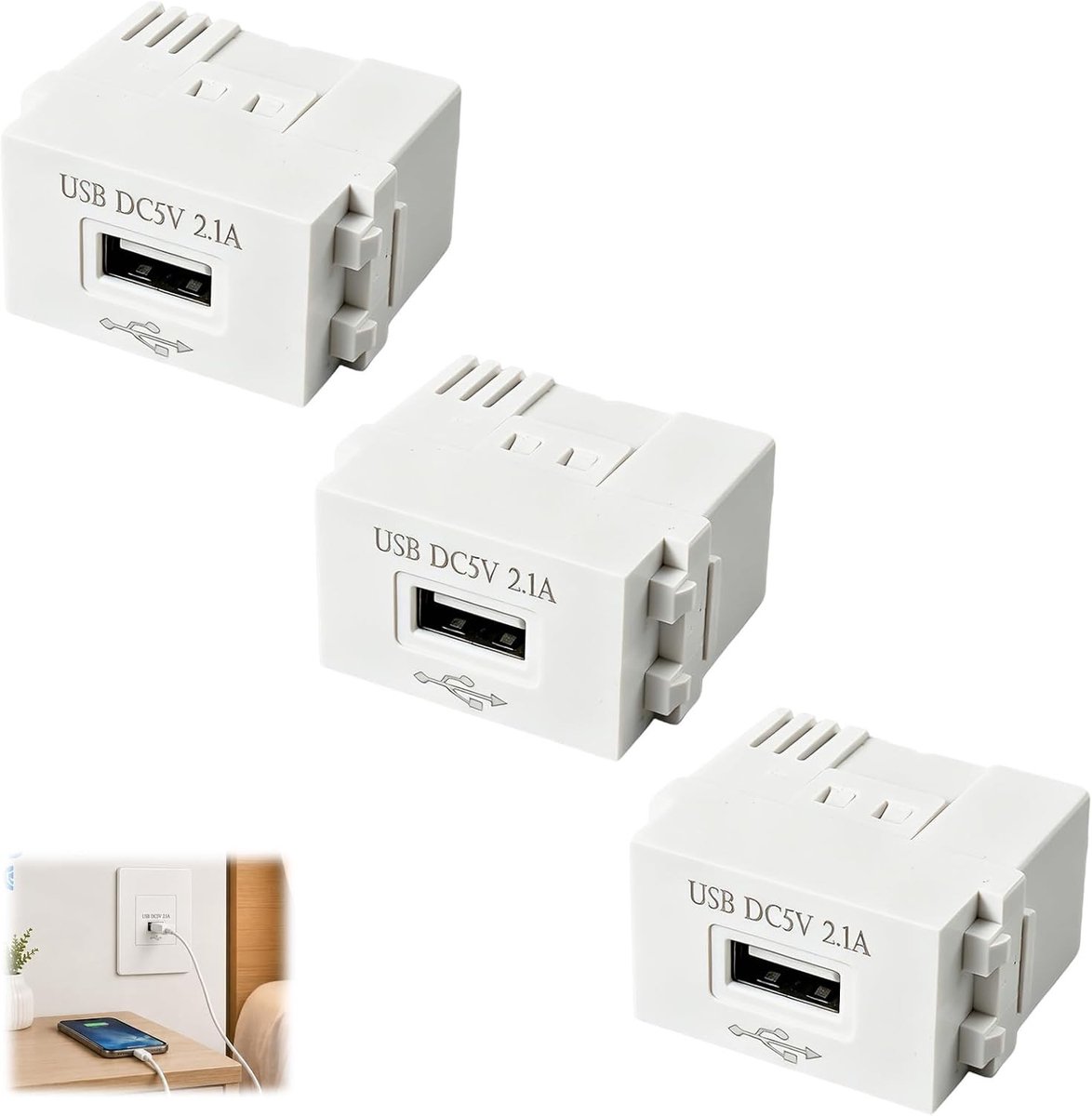 3 stuks USB-voedingsmodules met 2,1 A voor smartphones en tablets, robuust design, eenvoudig te installeren en veilig in gebruik