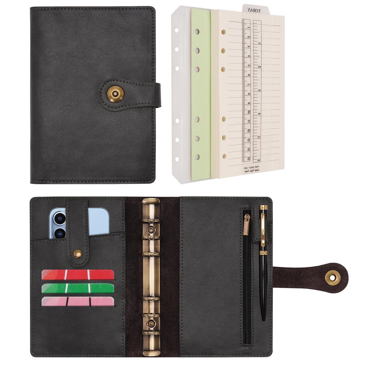 SnelShoppen - Reisdagboek Notitieboek A6 Gelinieerd Papier Ringband Organizer Lederen Budget met Pen voor Kantoor School Planning Schrijven Zwart