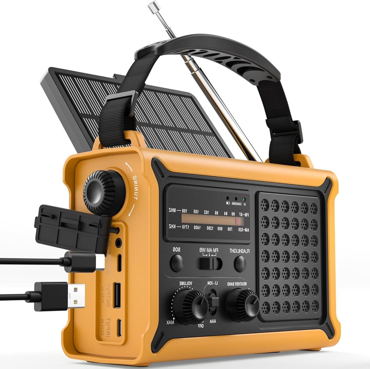 Noodradio met Zwengel - Draagbare Radio - Stroomuitval Voorbereiding - Snelle Zonne-Oplading - 12000mAh Batterij - Geel