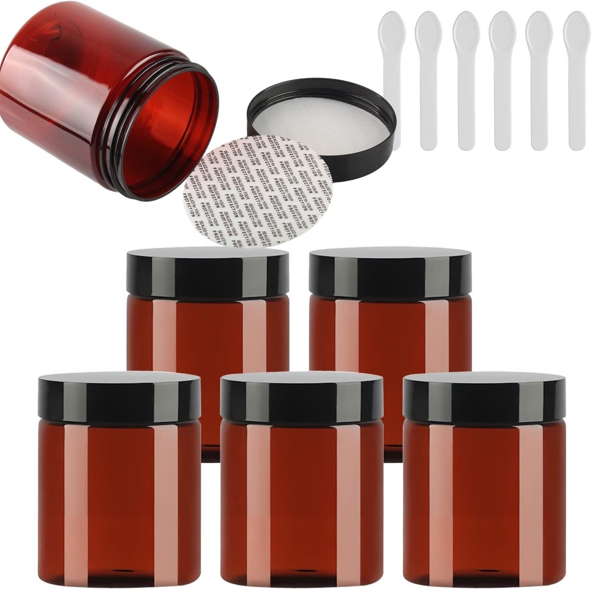 Set van 6 Kleine 250ml Bruine Lege Plastic Crèmepotjes met Zwarte Deksel en 6 Spatels - Ideaal voor Cosmetica, Crèmes, Zalf en DIY Opslag