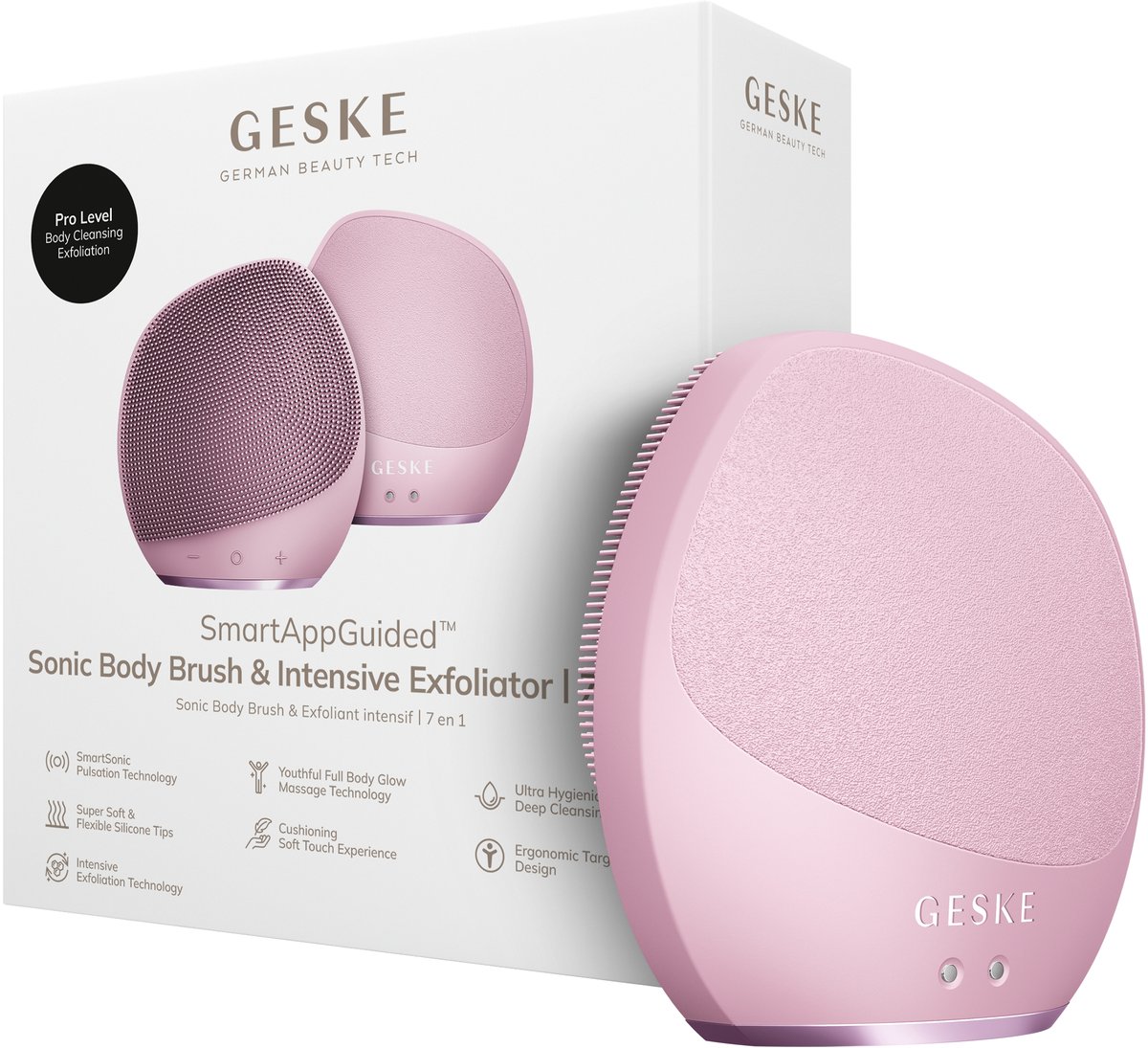 GESKE Sonic Body Brush & Intensive Exfoliator | 7 in 1 | Elektrische borstel voor het hele lichaam | Met SmartSonic-pulsaties | Diepe reiniging, exfoliatie en massage | Ruwe huidverwijderaar