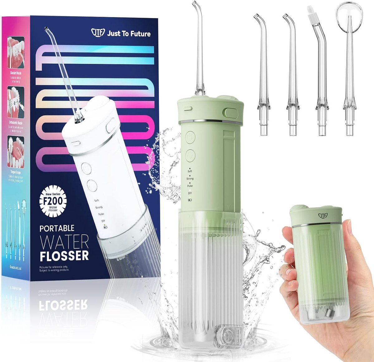 JTF Mini-monddouche – Draagbare elektrische gebitsreiniger – Draadloos – Interdentale reiniger voor op reis met 5 opzetstukken – Waterflosser met 4 standen – Inschuifbaar waterreservoir van 230 ml – IPX7-waterbestendig (Groen)