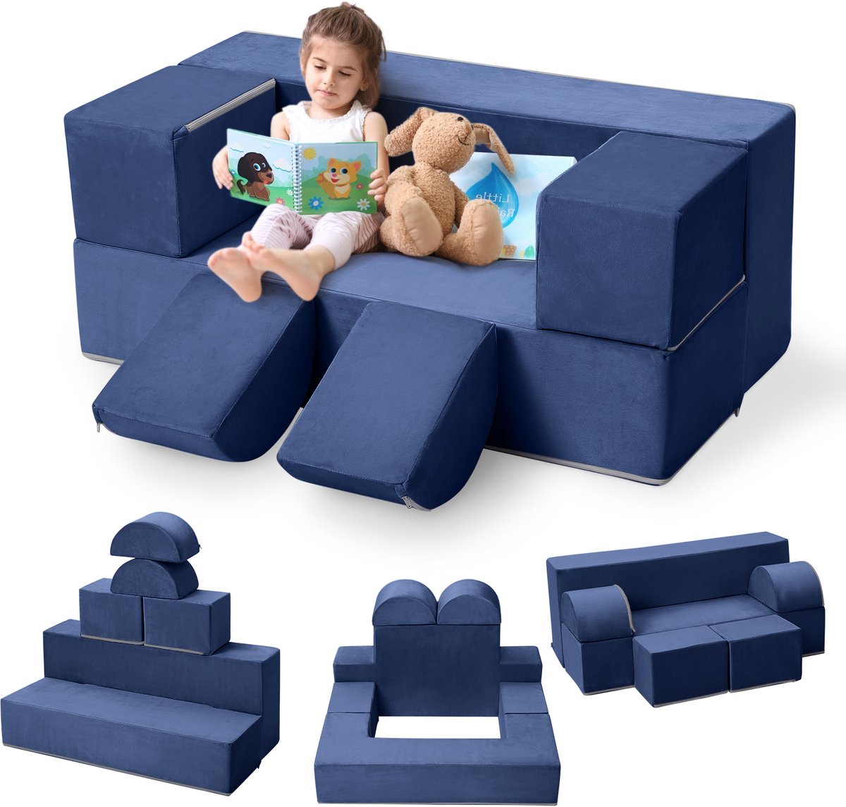 6-Delige Modulaire Speelbank voor Kinderen - Opvouwbare Kinderbank - Speelkussen Set - Zachte & Wasbare Hoes - 100x40cm - Donkerblauw