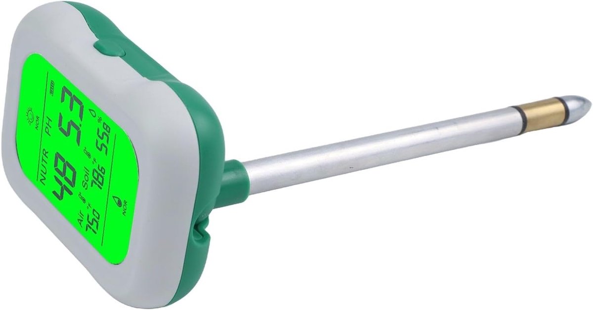 7-in-1 bodemmeter - pH vochtigheid meter - Planten verzorgen - Nauwkeurig LCD display - 165 mm sonde - Wit groen