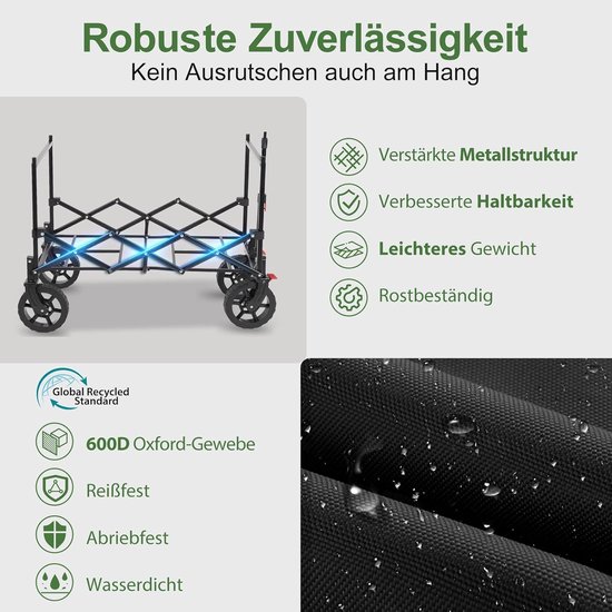 Opvouwbare Bolderkar XXL met Dak en Zonnescherm - 150L Inhoud - Draagvermogen 150 kg - Inklapbare Kinder Handkar voor Strand, Camping en Uitjes - Zwart van Opvouwbare Bolderkar — afbeelding 4