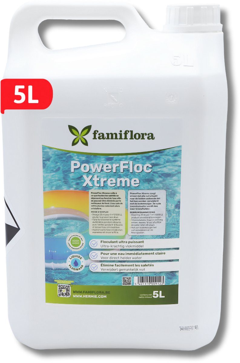 Famiflora PowerFloc Xtreme vloeibaar 5L - Krachtig vlokmiddel voor kristalhelder zwembadwater - Zet troebel water om in kristalhelder water zodat zwemmen weer plezierig wordt