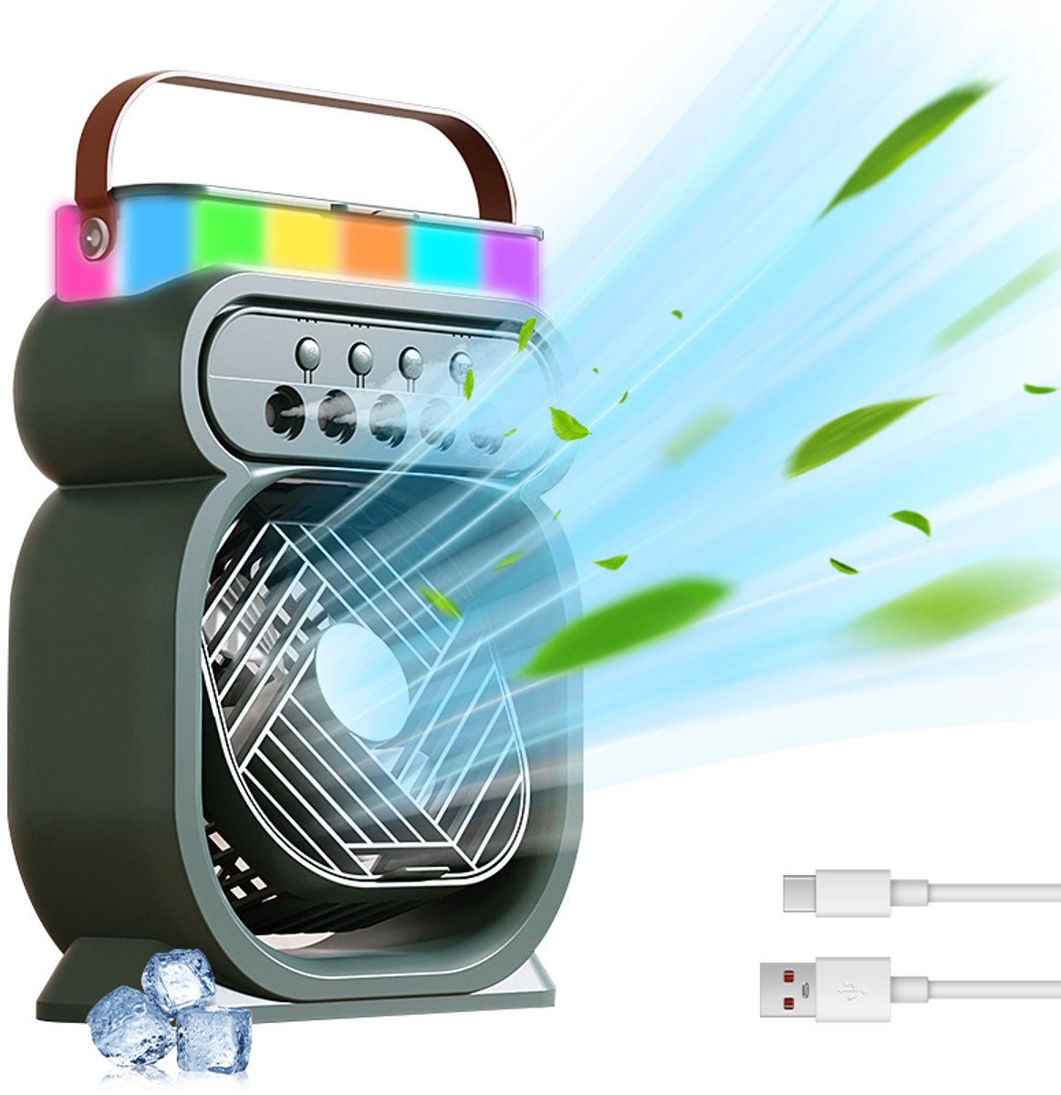 THEROB. Multi Airco Tafelventilator PRO - Mobiele Airco - Luchtkoeler 4in1 - Aircooler - 5 windsnelheden lucht bevochting standen - timer - LED verlichting - Lekvrij. ZWART