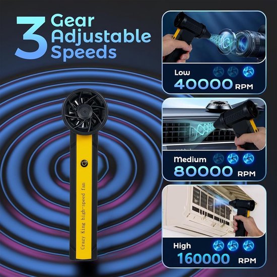 Luchtblazer, krachtige draadloze miniblazer met 3 instelbare snelheden, 160.000 tpm, pc-blazer voor elektronica, banken, auto's en kantoorapparatuur — afbeelding 3