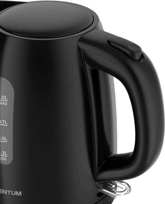 Close-up van het zwarte, ergonomische handvat van de Inventum waterkoker.