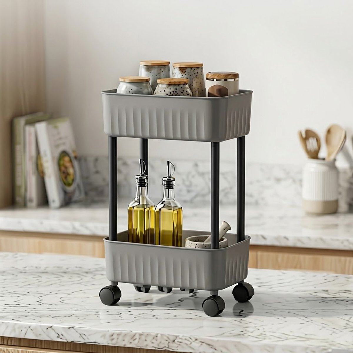 INDECOR 2-Laags Gootsteenkast Organizer op Wielen – Keuken & Badkamer Opbergrek – Onderkast Organizer – 27 X 43X 17 cm - Antraciet