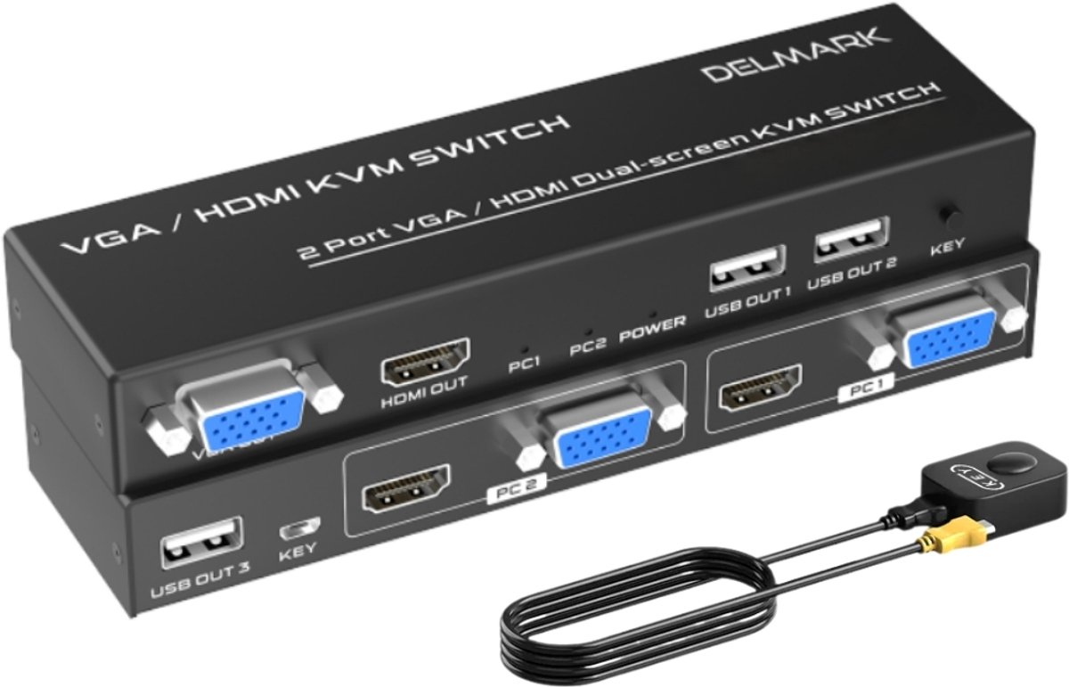 Delmark KVM Switch HDMI & VGA – Voor 2 PC's naar 2 Monitoren – Dual Monitor Schakelaar – Inclusief Desktop Switch Knop & Kabels