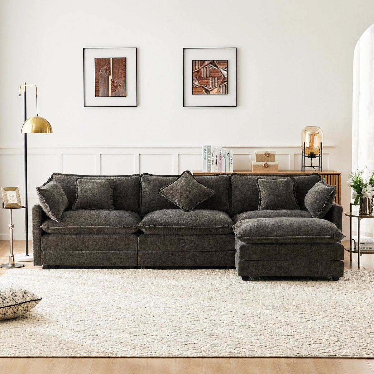 DESMIU Hoekbank 283 x 147 cm - 3-Zits Met Verplaatsbare Hocker En Chaise Longue - Voor Woonkamer En Slaapkamer - Chenille Donkergrijs