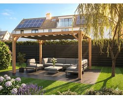 Douglas houten pergola inclusief een Harmonica schaduw doek keur Cool grey kopmaat 12 x 12 cm
