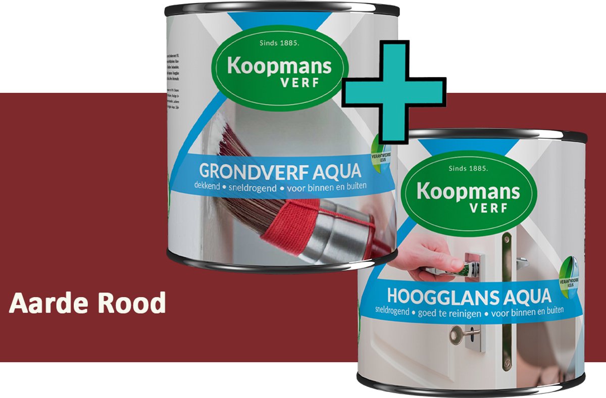 Koopmans Grondverf Aqua en Hoogglans Aqua Verfset - Binnen en Buiten - Aarde Rood - 2x 2,5 l