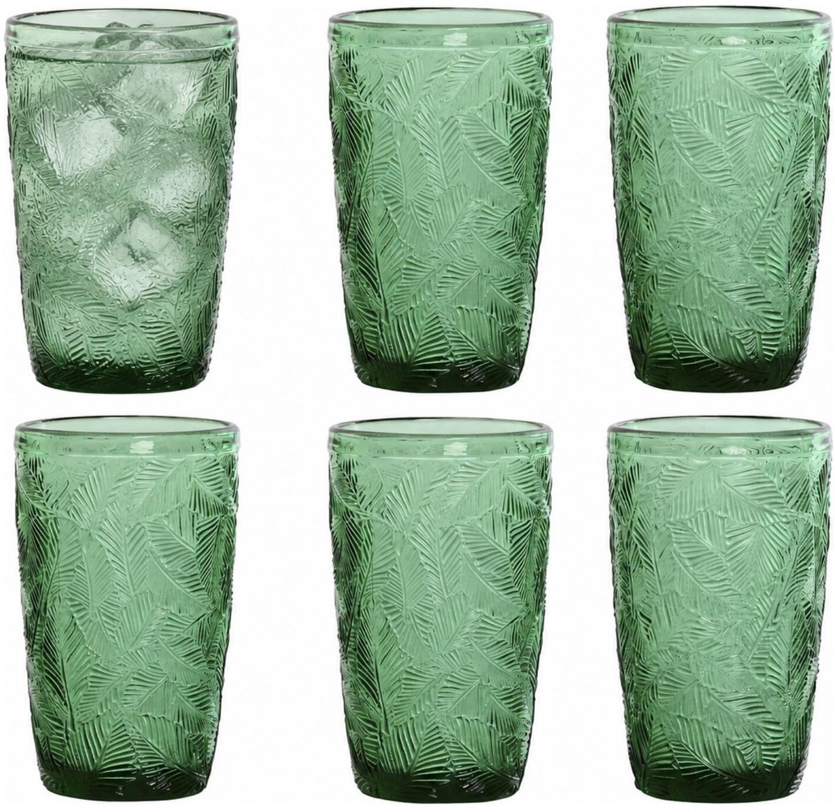 Vivalto Drinkglazen Tropical Palms - waterglazen - groen transparant - glas - set 6x stuks - 370 ml - stapelbaar