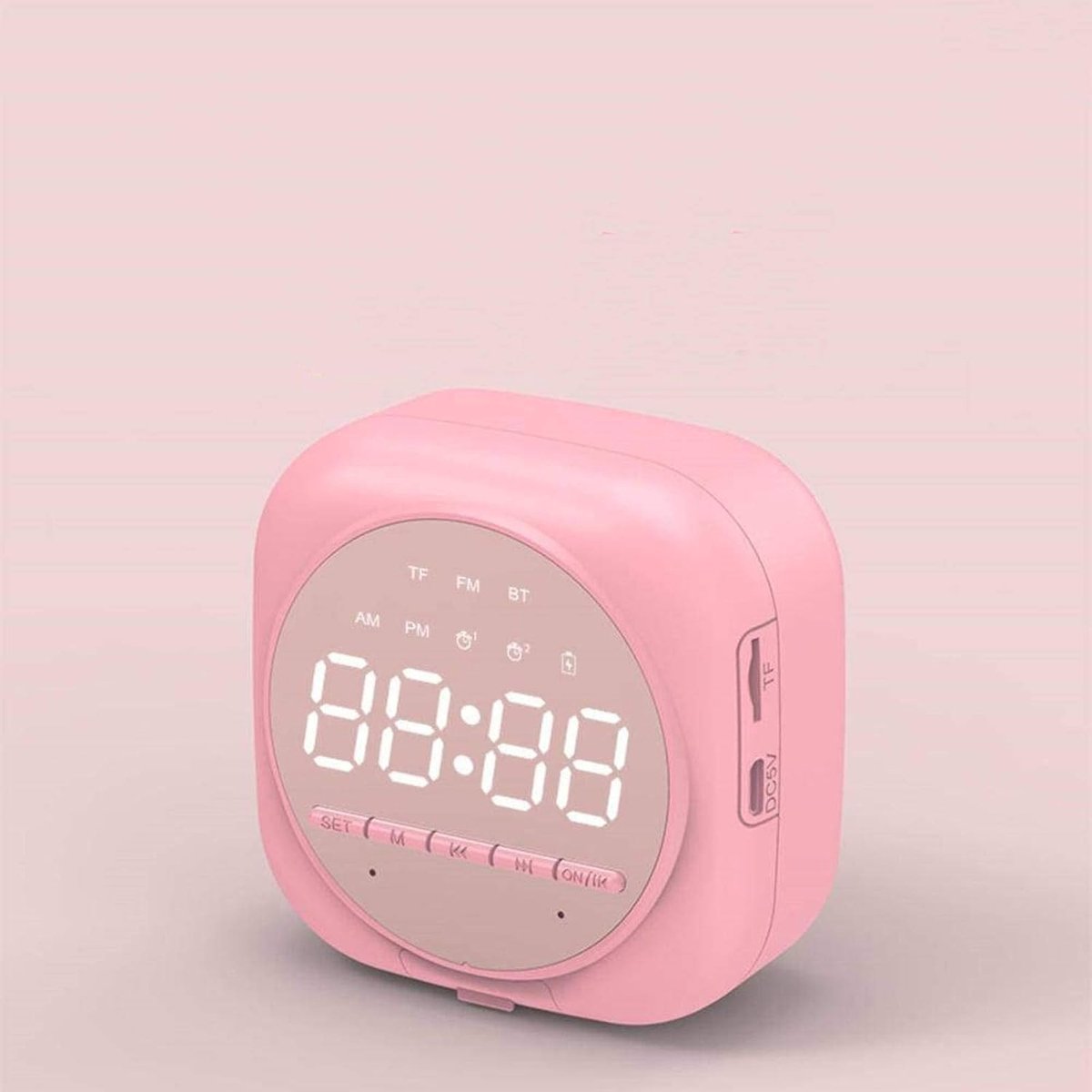 Spiegel Bluetooth Speaker - Radio Wekker Audio - Muziek Luisteren - Dubbele Wekker Functie - 80x80x36mm - Roze