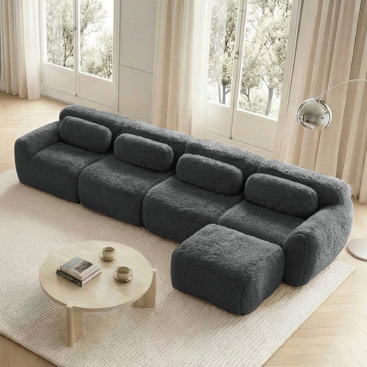 DESMIU Hoekbank 378 x 179 x 73 cm - Modulair 4-Zits Met Chaiselongue En Kussens - Voor Woonkamer En Slaapkamer - Pluche Grijs