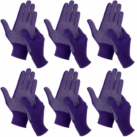 Zes paar paarse werkhandschoenen met witte antislipdots op de handpalm en vingers.