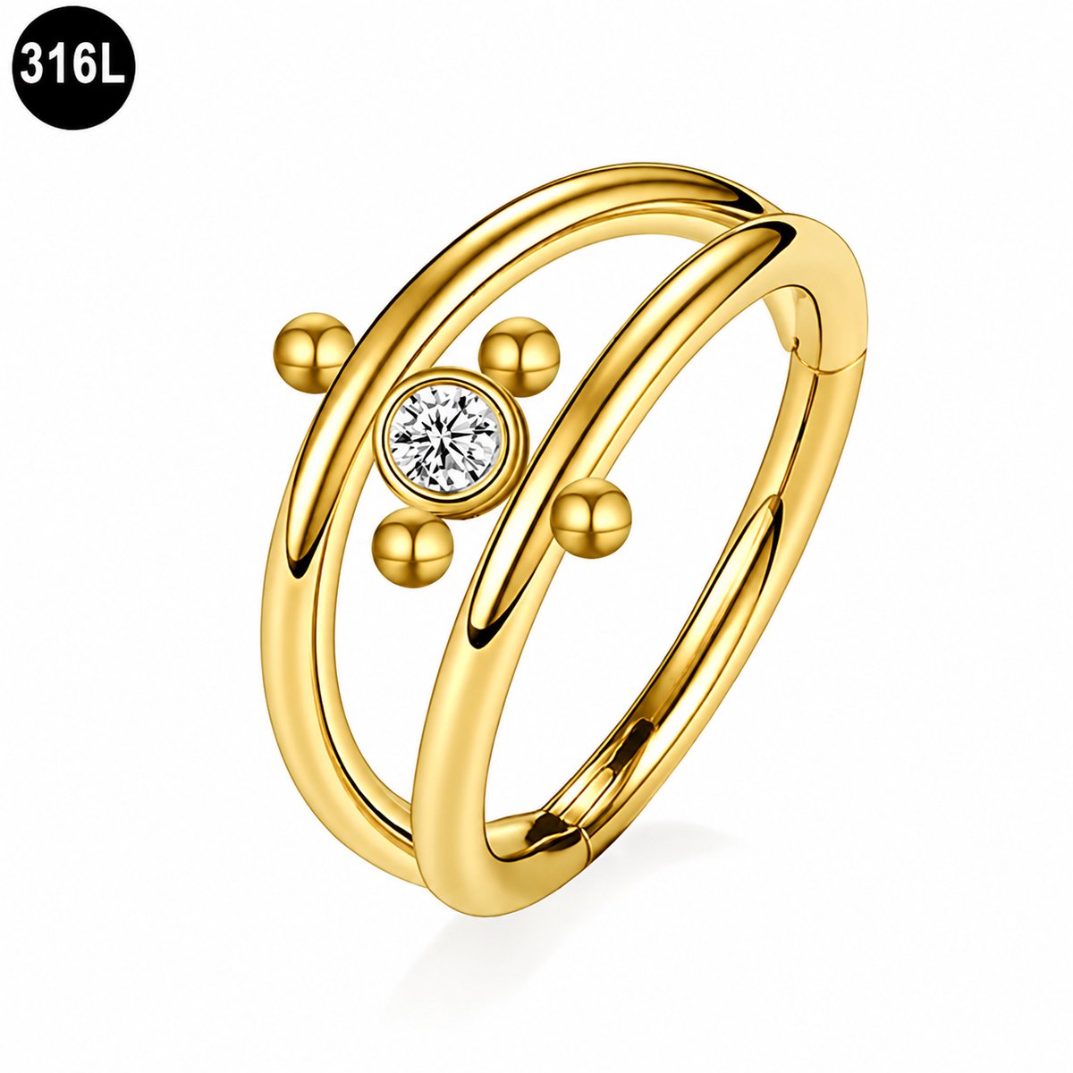 Segment Ring Helix Tragus Piercing met Kristal en Dubbele Band – Chirurgisch Staal – Goud kleurig – 8 mm – 1.2 mm