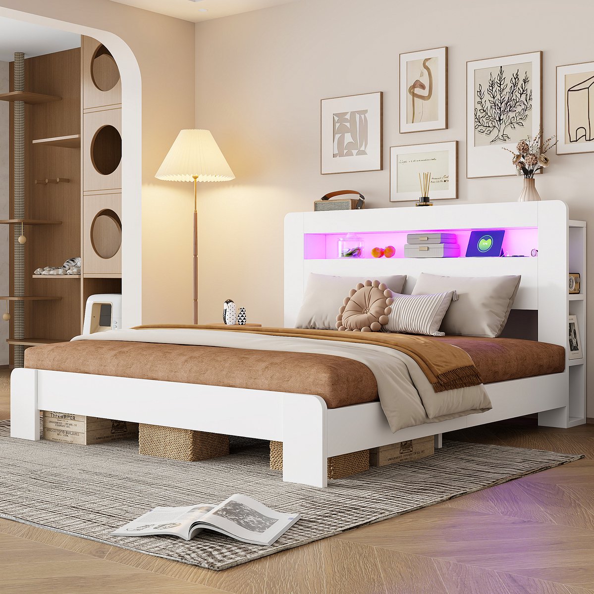 COVREO bedframe 180 x 200 cm - wit, houten bed met opbergruimte, LED en stopcontacten