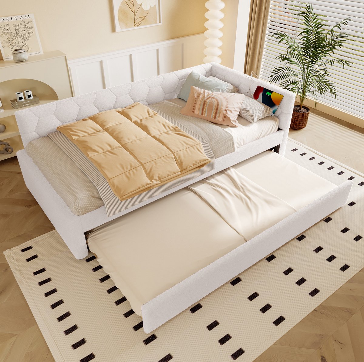 COVREO Bedbank 90x200 cm wit MDF, uitrolbed met lamp, zonder matras White