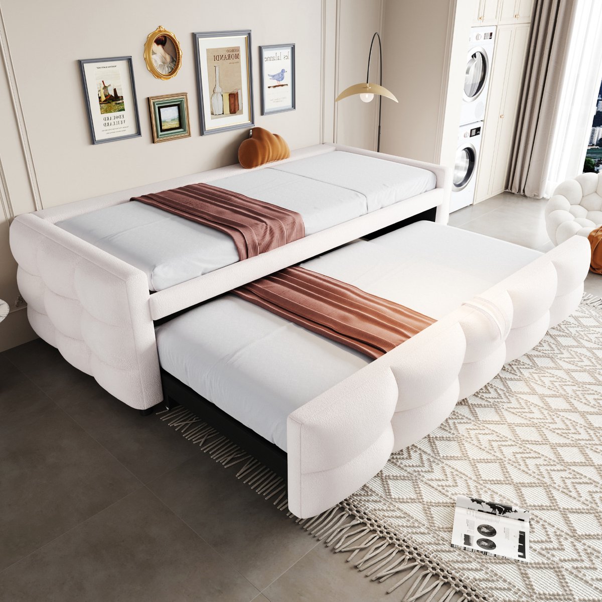 COVREO Slaapbankbed met lattenbodem – 90/180x190 cm – Logeerbed voor kamers – pluche stof en metaal – Beige - zonder matras