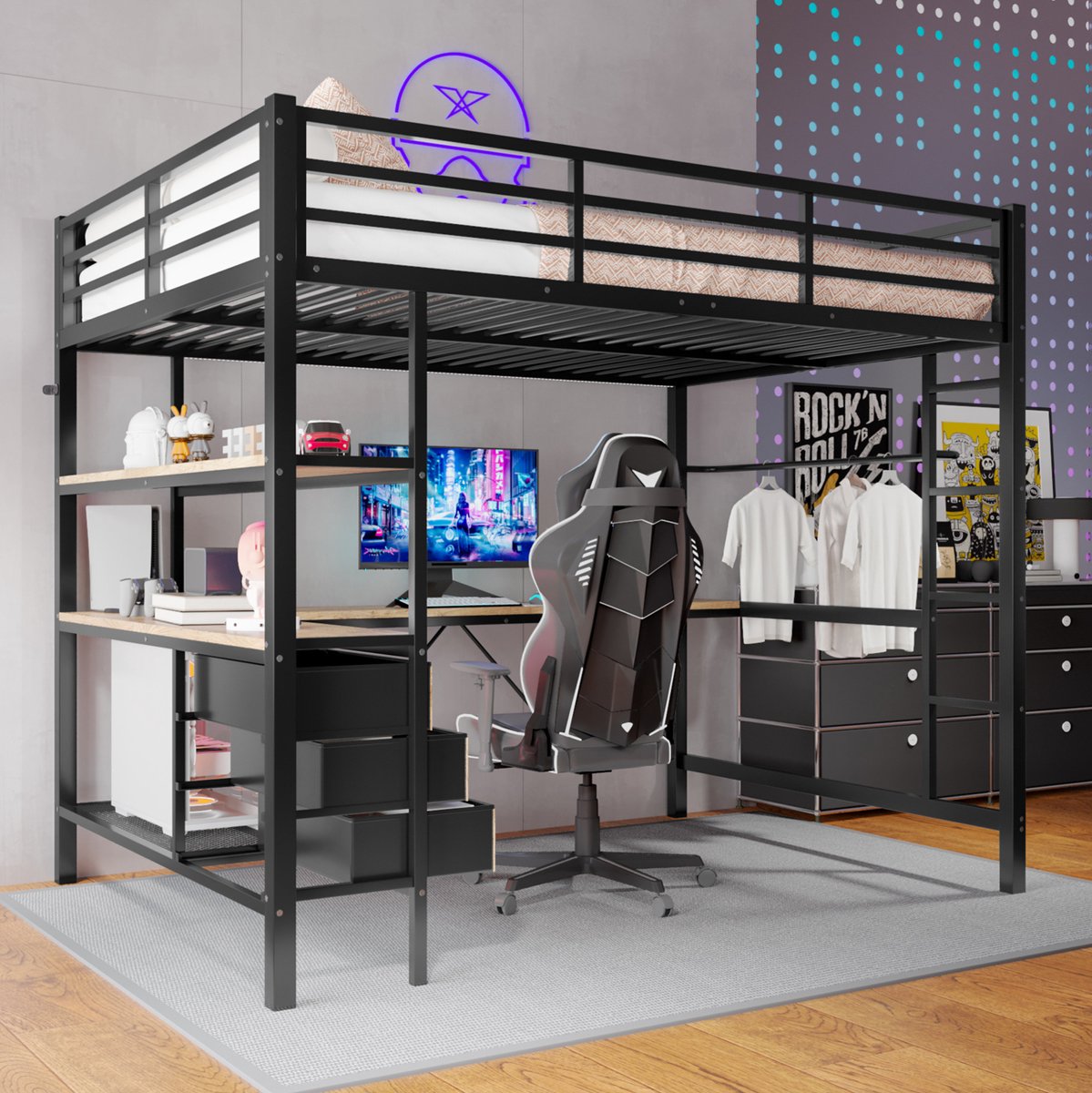 COVREO Hoogslaper 140x200 cm zwart metaal en MDF, met bureau en 3 lades