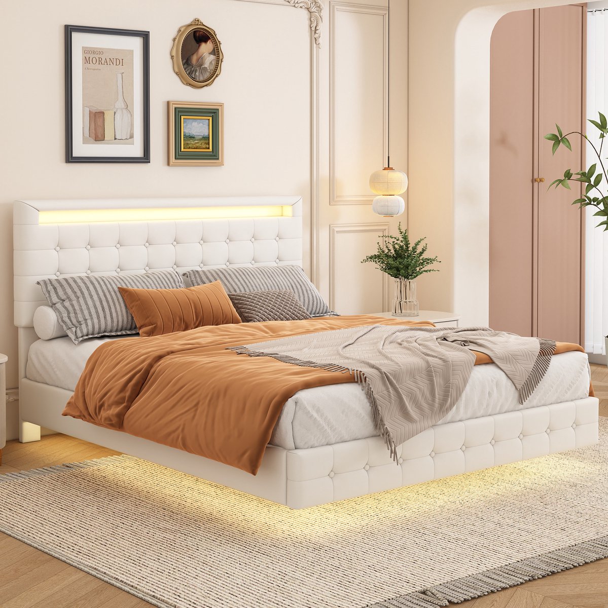 COVREO Bedframe 140x200 cm wit PU, LED verlichting, zonder matras