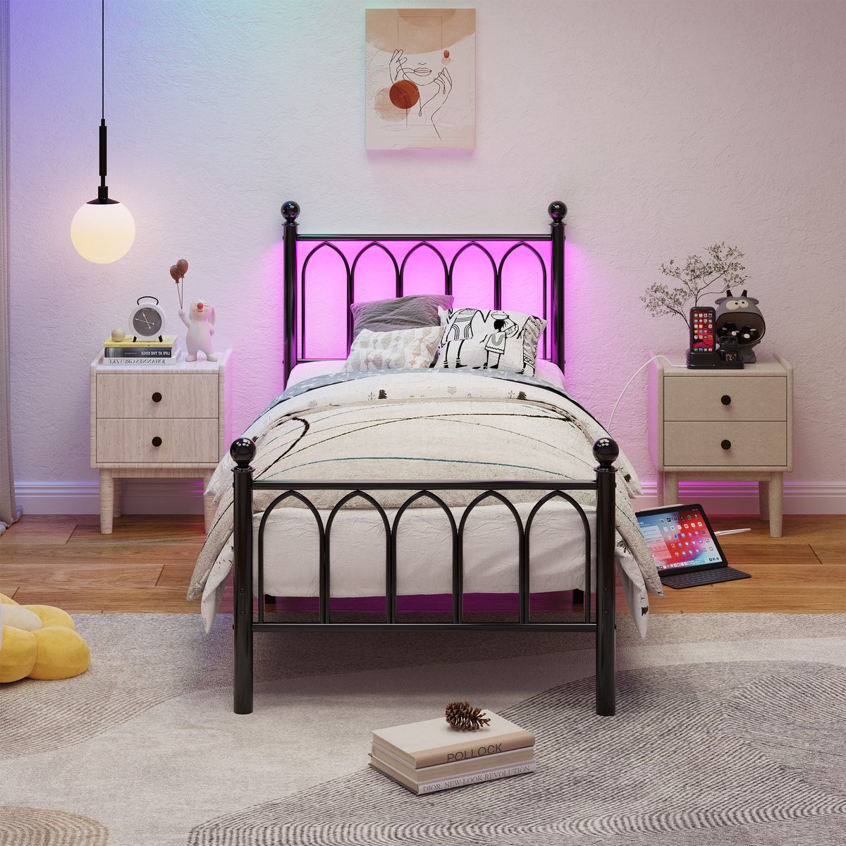 COVREO Metalen bedframe 90 x 200 cm - zwart, LED-verlichting, USB-oplaadstation Black