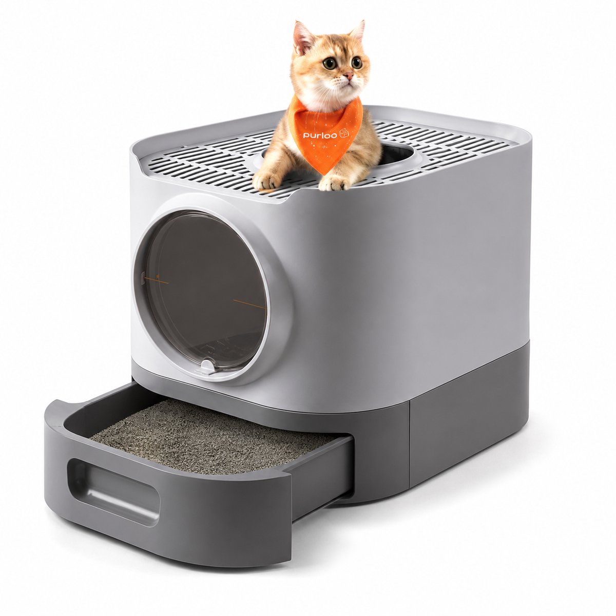 NordPaw® Afgesloten Kattenbak XXL met Boveningang – Katten Toilet met Anti-Uitloop Rooster – Inclusief Schep, Borstel & Uitneembare Tray – Geurarm – 54 x 42,8 x 40 cm – Grijs