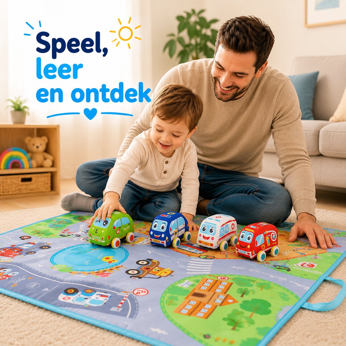 Speelmat Auto's Met Opbergtas - 4 Houten Voertuigen - Speelkleed Auto - Educatief Speelgoed - Cadeau Jongens En Meisjes Vanaf 1 Jaar — afbeelding 10