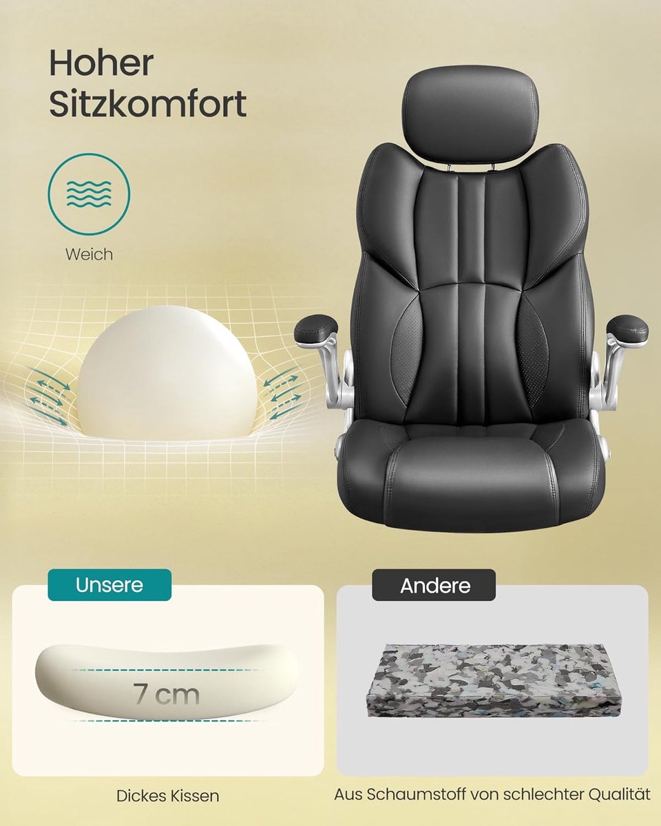 Conway Living® Luxe Ergonomische Bureaustoel - Directeurstoel - Inklapbare Armleuningen - Gaming Stoel - In Hoogte Verstelbare Hoofdsteun - Kunstleer - Zwart – foto 7