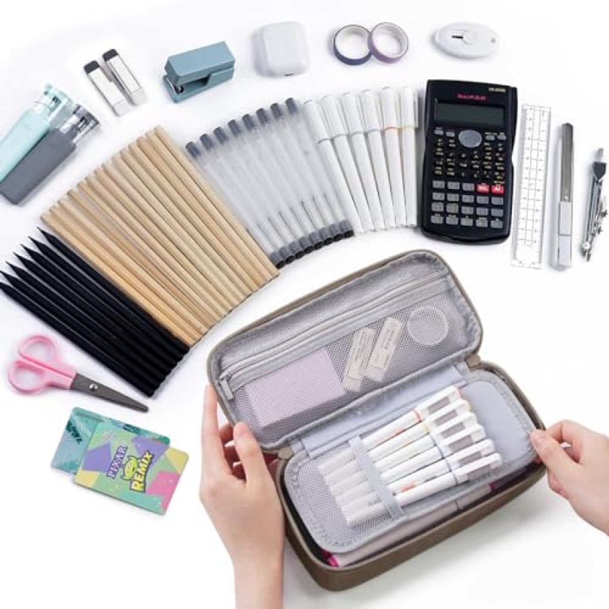 ModernStore Groot Pennenetui met 5 Ritsvakken, 80+ Potloden Opbergcapaciteit, Canvas Pencilcase voor Kantoor, School en Universiteit, Khaki
