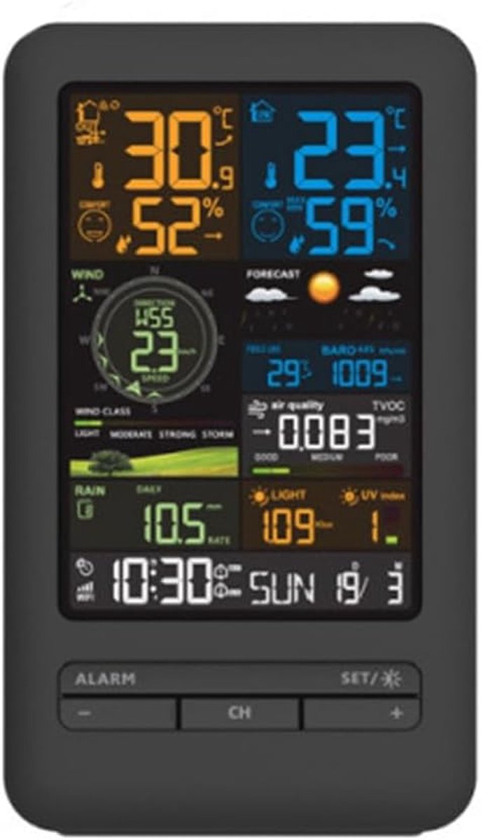 Weerstation Binnen Buiten - Weersensor Luchtkwaliteit - Weer Voorspellen - Met Regen en Windmeter - 100m Bereik - Zwart