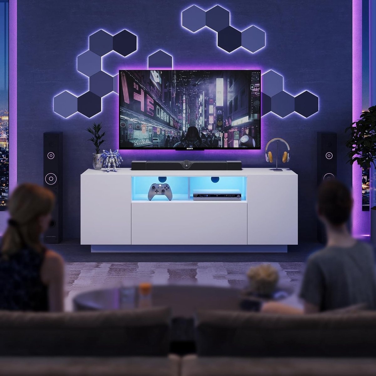 TV meubel Lowboard 122 cm Wit Hoogglans met RGB LED Verlichting – House&Garden Modern TV Kast met Grote Opbergruimte, 3 Gesloten Kasten + Open Plank, Kabelmanagement – Geschikt voor 30–55 inch TV – Woonkamer & Slaapkamer Meubel