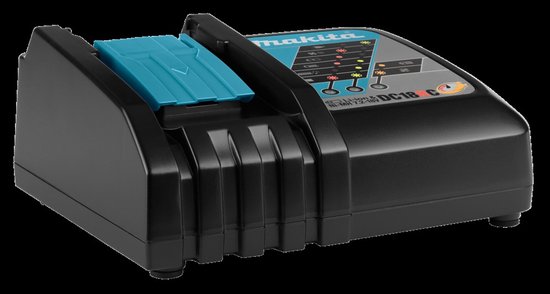 Zwarte Makita DC18RC lader met turquoise accenten en LED-indicatielampjes.