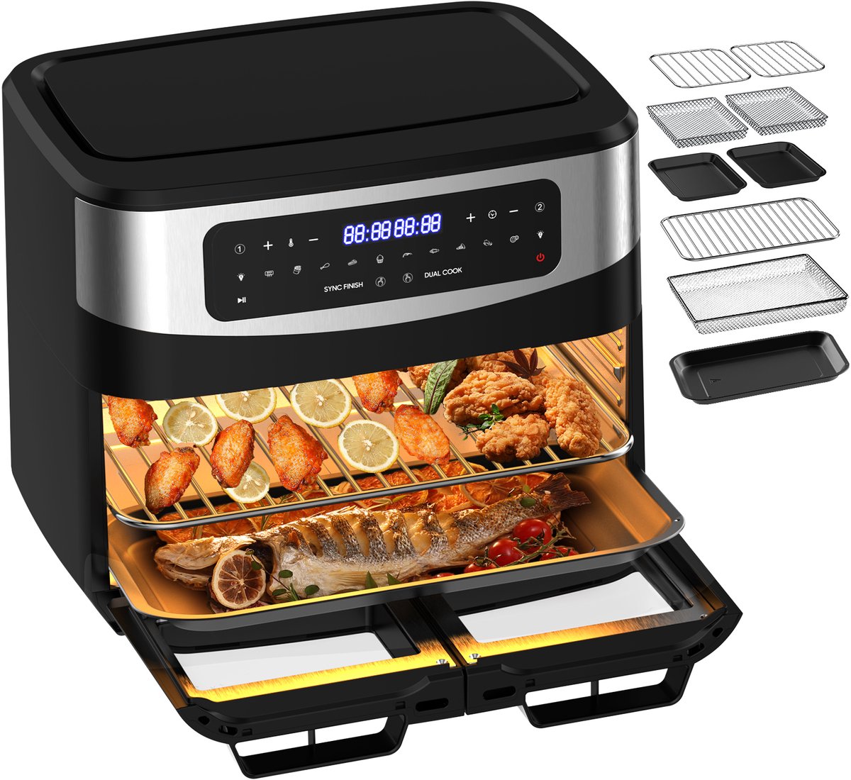 AIMASON XXL 12L Airfryer KDFO-5511DTW – 2600W Multifunctionele Heteluchtfriteuse met Dubbele Zone Onafhankelijk Koken - Verwijderbare Tussenwand - Dubbel Gelijktijdig Koken - Met Kijkvenster - 10 Vooraf ingestelde Menu's - 50–200°C