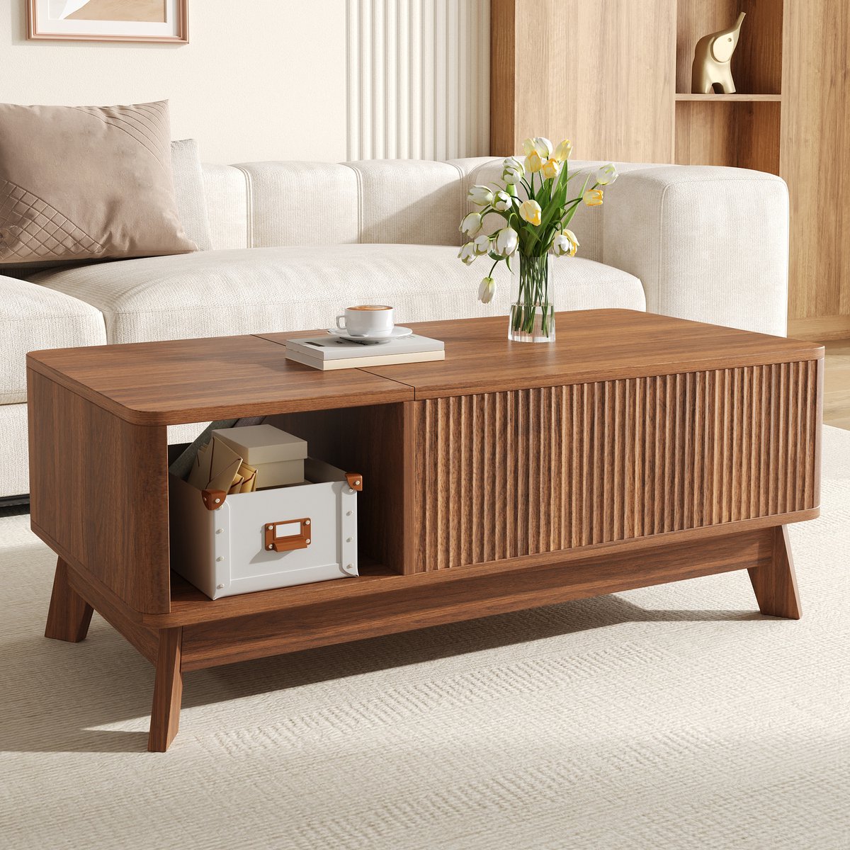 MODENUIT Salontafel - Hefbaar Blad Met Opbergruimte - Voor Woonkamer En Werken - MDF Walnootkleur - 95x48x50 Cm