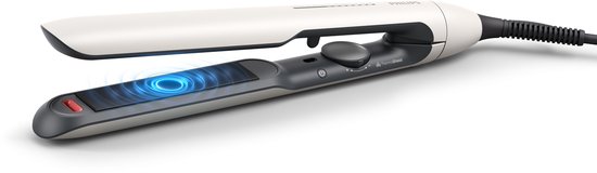 Wit met grijze Philips stijltang met opengesperde platen, met blauwe ringen die de ionentechnologie symboliseren.