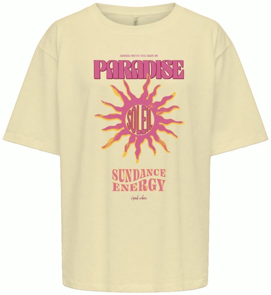 Crème oversized T-shirt met roze grafische print van een zon met de tekst 'SOLEIL' en 'PARADISE SUNDANCE ENERGY good vibes'.