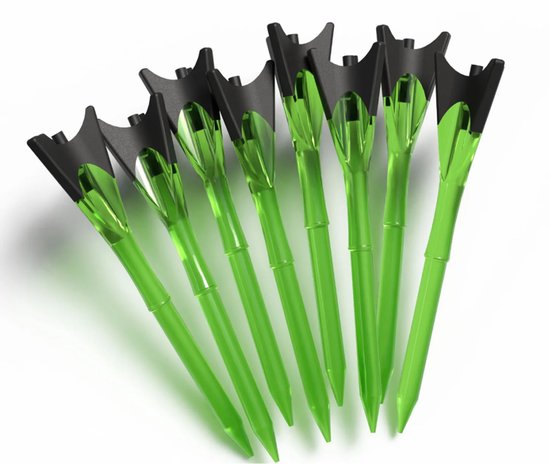 Een set van acht groene golf tees met zwarte koppen, gerangschikt in een waaier.
